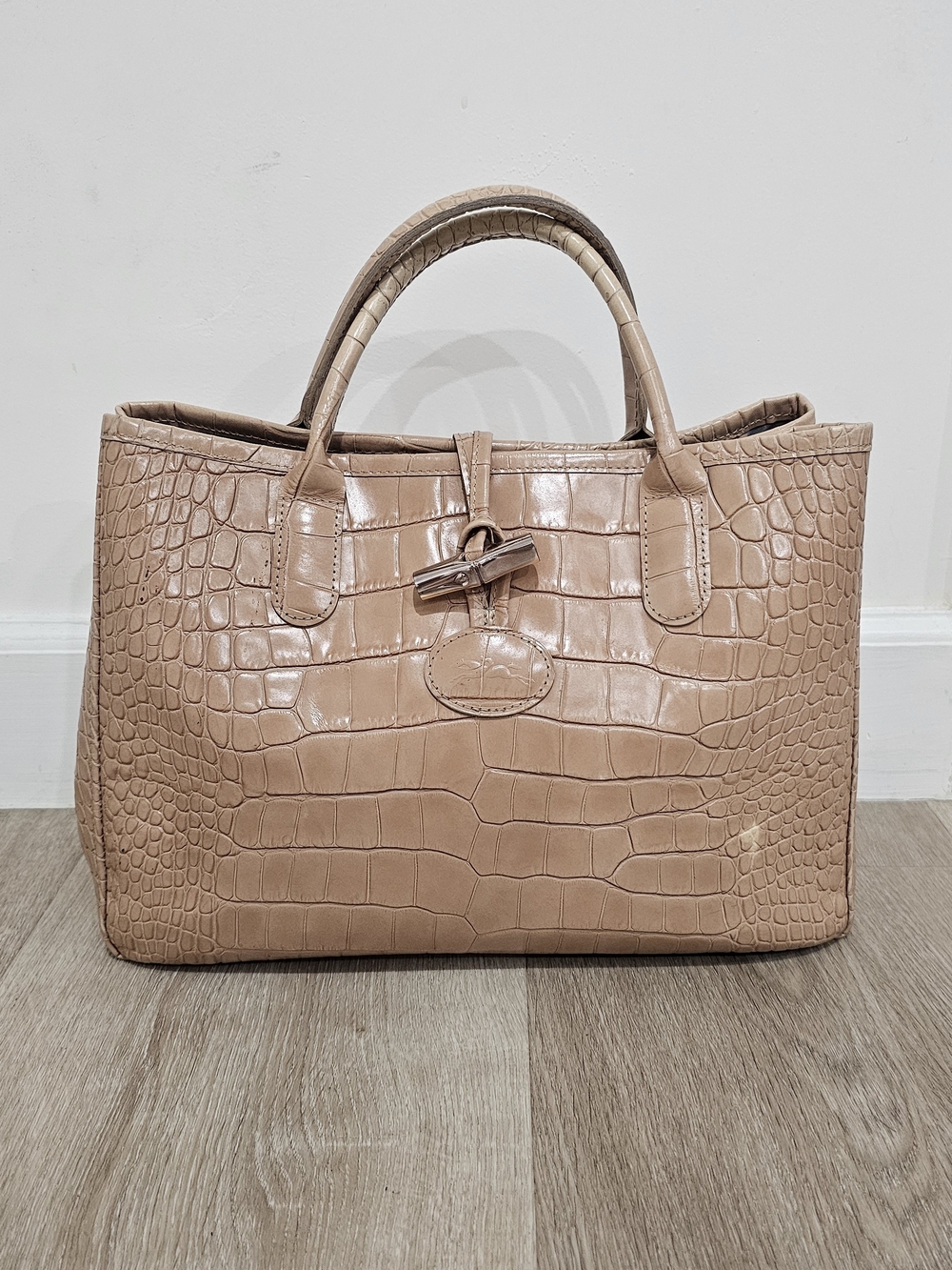 Longchamp Leather Croc-Embossed Tote Bag in Taupe- Pre-owned